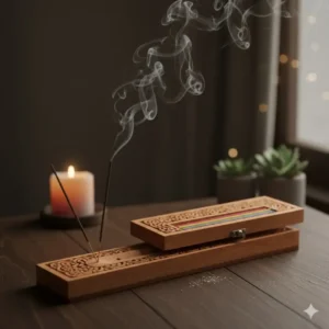 Wooden box incense burner stand that functions both as a storage container and a safe-burning holder.