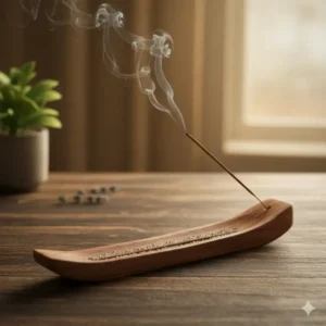 Traditional wooden incense burner holders shaped like a boat or tray, designed to catch ash from a single burning incense stick. (Illustration 1)