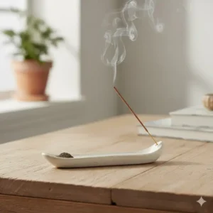 Elegant ceramic boat-shaped incense burner and sticks, holding a single burning stick.