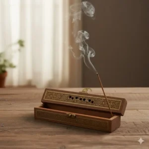 Intricately carved wooden incense burner holders box holder with brass inlay and a hinged lid, designed to safely burn incense sticks inside and collect ash. (Illustration 2)