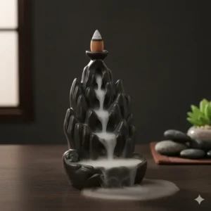 Decorative backflow waterfall incense burner and sticks (cone type), creating a cascading smoke effect.