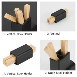 Minimalist circular ceramic incense burner holders with a single hole for holding the stick upright, sitting on a plain, heat-resistant dish. (Illustration 3)