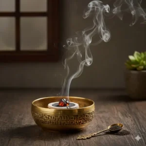 Traditional brass bowl incense burner and sticks (resin/powder type) on charcoal, with a spoon nearby.