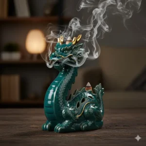 Ornate ceramic covered incense burner holders in the shape of a dragon, with smoke gently wafting out through the perforations. (Illustration 4)