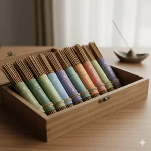 Product shot of bulk bamboo-core incense burner and sticks (variety pack) in a wooden storage box.