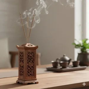 Carved wooden tower box incense burner and sticks, designed to safely hold and burn multiple sticks.