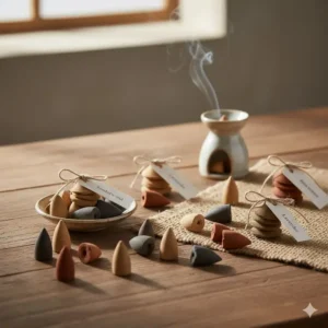 A display of natural fragrance cones, a companion to an incense burner and sticks setup.