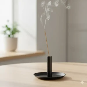 Minimalist vertical metal incense burner and sticks (ash catcher), suitable for modern decor.