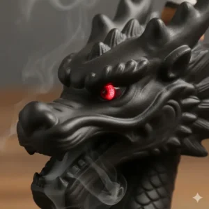 Intricate detail shot of the hand-carved scales and ferocious eye on the dragon head incense burner.