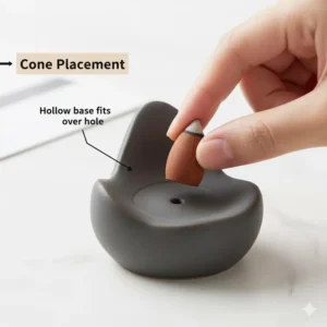 A demonstration of how to correctly place the cone onto a unique backflow incense burner.