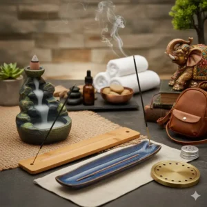 Close-up of a decorative stone scent stick holder demonstrating the mesmerizing backflow effect of the smoke as a visual relaxation aid.