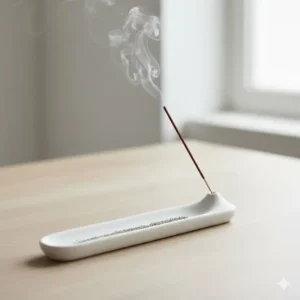 A minimalist white ceramic holder for sticks from our collection of incense and oil burners.
