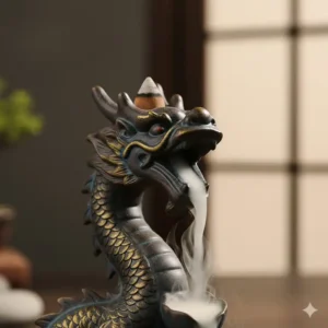 Close-up of the intricately carved dragon incense burner backflow showing the head detail.