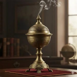 Antique-style tall incense burner crafted from engraved brass featuring an ornate lid and tripod base.