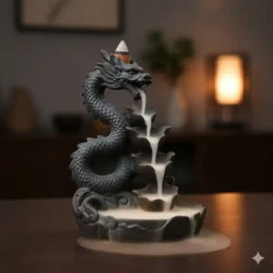 Close-up of an elegant, dragon-themed backflow design creating a mesmerizing smoke waterfall effect, one of the awesome incense burners.