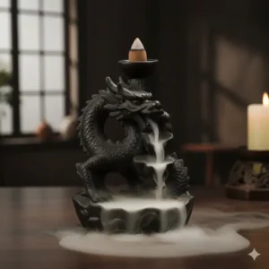 Close-up of a mystical dragon incense burners in use, with fragrant backflow smoke gently pooling at the base for aromatherapy and relaxation.
