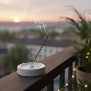 Close-up of a modern ceramic outdoor incense holder (stick type), safely catching the ash on a balcony railing.