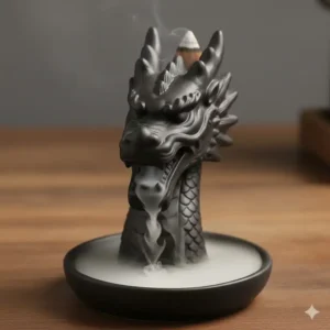 The dragon head incense burner functioning as a captivating backflow feature, with white incense smoke cascading down.