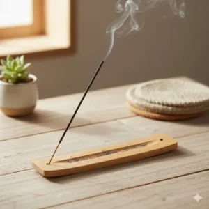 A simple, handcrafted wooden scent stick holder made from sustainable bamboo, perfect for catching ash and complementing natural home decor.