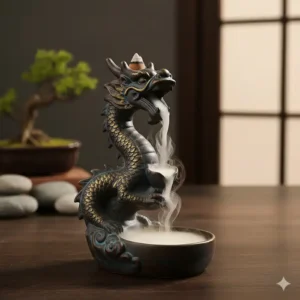 Side view of the dragon incense burner backflow while it is actively cascading smoke.