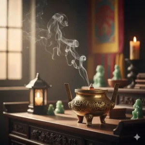 Illustration 2: Antique brass incense burner smoke rising in a traditional setting.