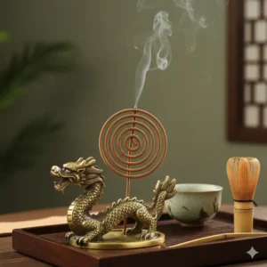 Antique brass dragon incense burners coil holder protecting a lit spiral of sandalwood incense, perfect for a traditional tea ceremony setting.