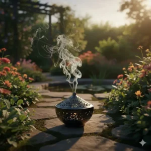 Durable black metal outdoor incense holder (cone burner) with a protective lid, ideal for using fragrance cones in the garden or backyard.