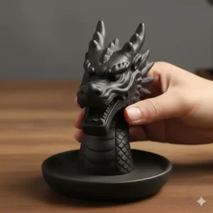 Photo demonstrating the size of the dragon head incense burner next to a person's hand for scale.