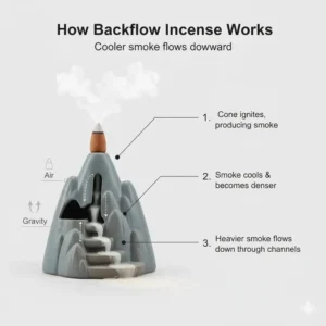 A diagram illustrating the principle of a unique backflow incense burner.