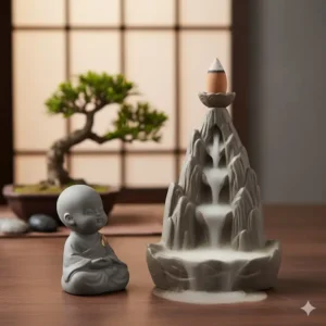 A peaceful meditation scene featuring a small monk statue and an inverted incense burner.