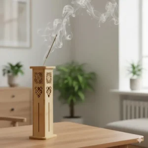 A vertical tall incense burner tower made of bamboo with laser-cut geometric patterns for ventilation.