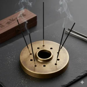 Top-down view of a modern, brass scent stick holder (also known as an incense burner) with an antique finish, ready to hold multiple sticks.