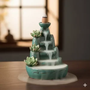 Decorative waterfall-style backflow incense and oil burners with smoke flowing downward.