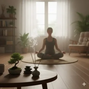 Illustration 3: A peaceful zen room with a stick and gentle incense burner smoke.