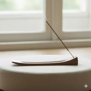 A simple, sleek wooden ash catcher holding a lit stick of sandalwood incense on a meditation cushion, one of the awesome incense burners.