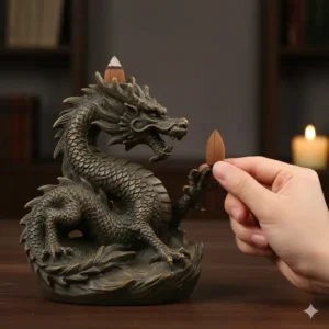 Hand holding a standard cone next to a large resin dragon incense burners to show the imposing size and detailed sculpting of the mythical beast.
