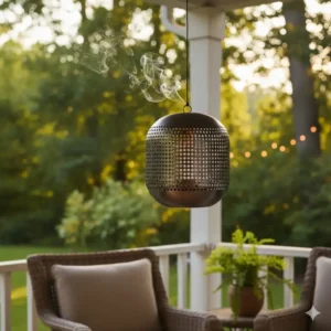 A stylish hanging outdoor incense holder designed like a perforated lantern, perfect for diffusing mosquito-repelling incense on a porch.