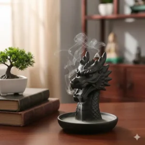 The elegant dragon head incense burner used as a decorative centerpiece on a mahogany wooden table.
