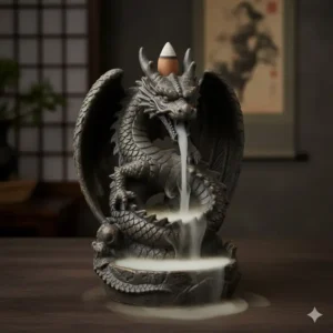 A mythical dragon design inverted incense burner with backflow smoke coming out of its mouth.