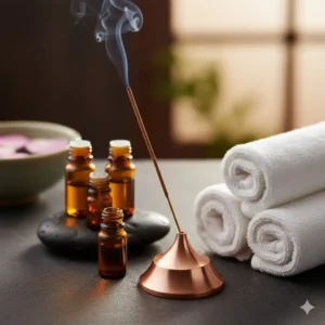 A luxurious copper scent stick holder next to a small towel and essential oils, used for aromatherapy and meditation in a home spa setting.