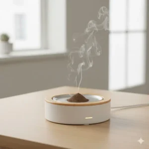 A contemporary, minimalist electric device gently heating powdered incense resin, considered one of the awesome incense burners.