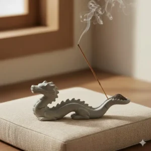 Hand-carved smooth stone dragon incense burners stick holder resting on a meditation cushion, collecting the ash cleanly during a mindfulness practice.