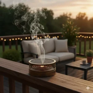 Protective, covered incense coil for safe, long-burning outdoor incense holder use on a deck or patio.