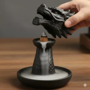 Showing the two separated components of the dragon head incense burner, highlighting the compartment for the cone.