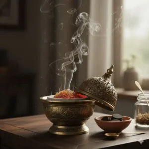 Ornate brass tools designed for burning resin safely as part of incense and oil burners.