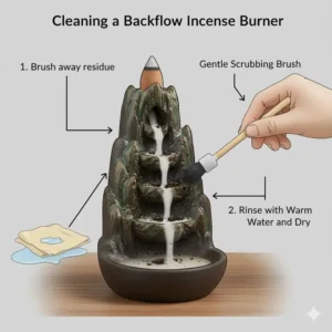 Simple steps for cleaning the residue from a unique backflow incense burner.