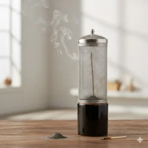 An enclosed tall incense burner with a removable metal mesh lid to contain ash and ensure safe burning.