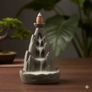 A tiered mountain landscape inverted incense burner creating a realistic misty waterfall effect.