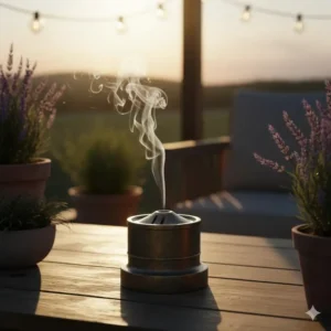 Example of a deep, wind-resistant outdoor incense holder with a narrow opening, designed to keep incense burning steadily in light breezes.