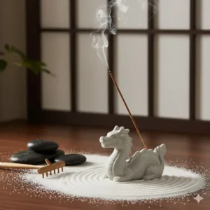 Minimalist Zen garden setup featuring a small, serene Japanese-style dragon incense burners that holds standard stick incense.